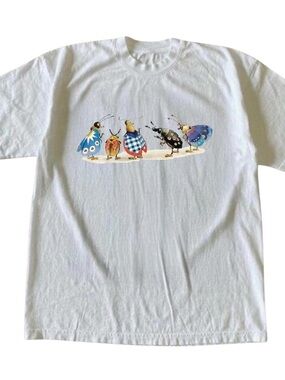 White Graphic Tee with Colorful Cartoon Bugs